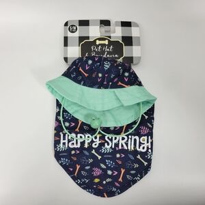 Woof Brand Pet Dog Hat And Bandana Fun Set Happy Spring Small Medium S/M Blue